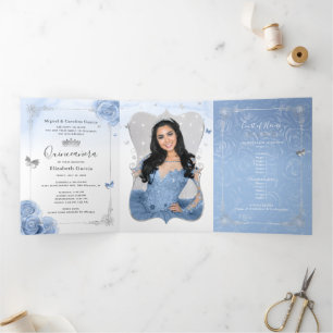 Invitation Trois Volets Photo Elégante Espagnol Bleu Bleu Argent Quinceane