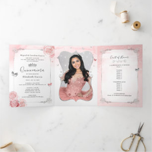 Invitation Trois Volets Photo Espagnol clair rose argent Quinceanera