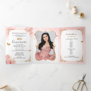 Invitation Trois Volets Photo Espagnol clair rose et or Quinceanera