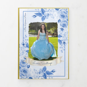 Invitation Trois Volets Photo Espagnol Lumière Bleu Or Roses Quinceanera