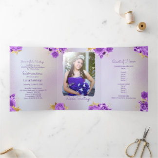 Invitation Trois Volets Photo Espagnol Perle et pourpre Rose Quinceanera