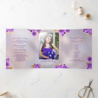 Invitation Trois Volets Photo Espagnol Perle et pourpre Rose Quinceanera