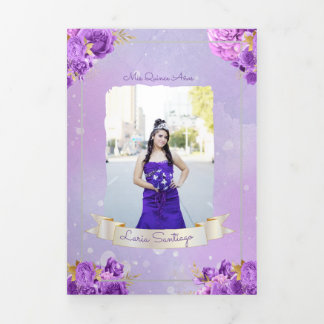 Invitation Trois Volets Photo Espagnol Perle et pourpre Rose Quinceanera