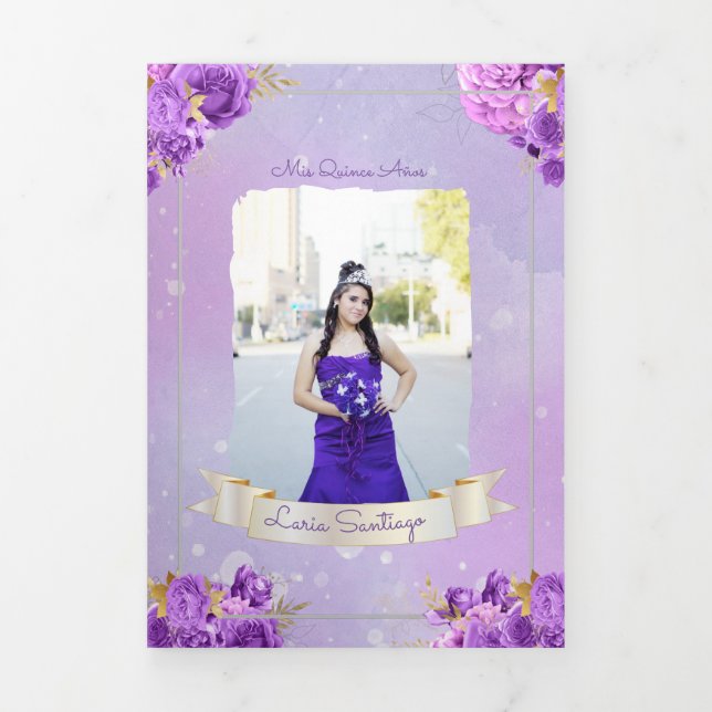 Invitation Trois Volets Photo Espagnol Perle et pourpre Rose Quinceanera (Page de couverture)
