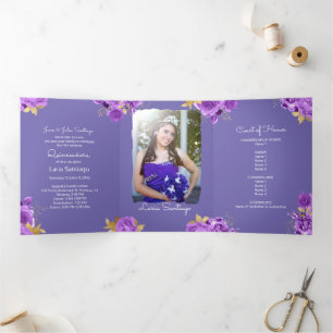 Invitation Trois Volets Photo Espagnol rose et violet Rose Quinceanera