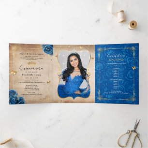 Invitation Trois Volets Photo Espagnol Royal Blue Rose Gold Quinceanera