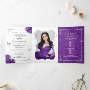 Invitation Trois Volets Photo Espagnol violet et argent Quinceanera