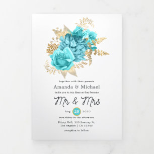 Invitation Trois Volets Photo Mariage Aqua Blue et Gold Floral