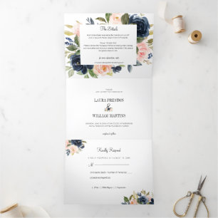 Invitation Trois Volets Photo Mariage bleu marine et rose vif