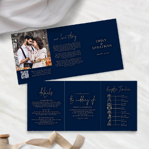 Invitation Trois Volets Photo marine et or Code QR Timeline Mariage