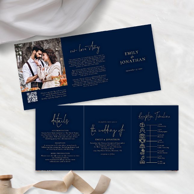 Invitation Trois Volets Photo marine et or Code QR Timeline Mariage (Front and back views)