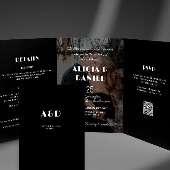 Invitation Trois Volets Photo moderne noir et blanc rsvp détails mariage (Créateur téléchargé)