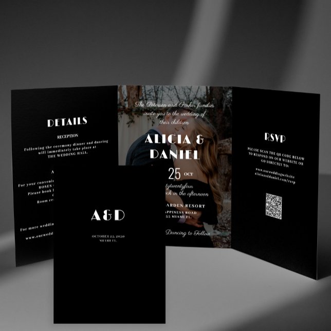 Invitation Trois Volets Photo moderne noir et blanc rsvp détails mariage (Créateur téléchargé)