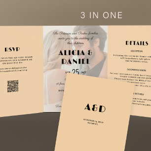 Invitation Trois Volets Photo moderne rsvp détails QR crème noir mariage