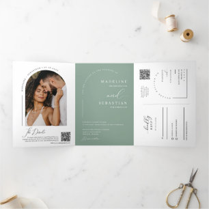 Invitation Trois Volets Photo moderne Sage Green Boho Arch Photo QR Code M
