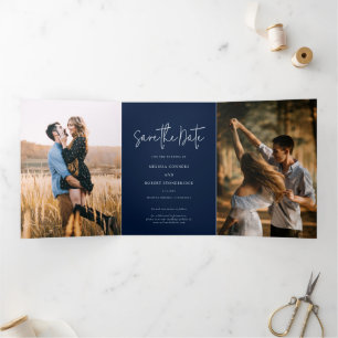 Invitation Trois Volets Photo Script Marine Blue Wedding Enregistrer La Ca