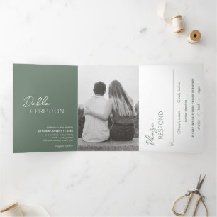 Invitation Trois Volets Photo verte minimaliste Mariage moderne