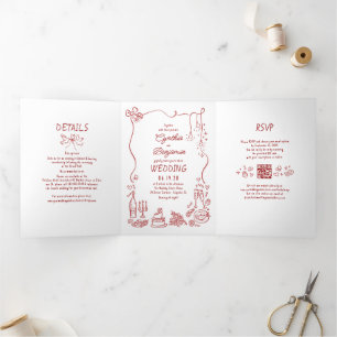 Invitation Trois Volets Photos de mariage rouges modernes et fantaisistes
