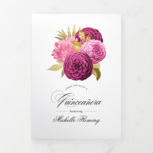 Invitation Trois Volets Photos de Quinceañera rose et or chaud et or