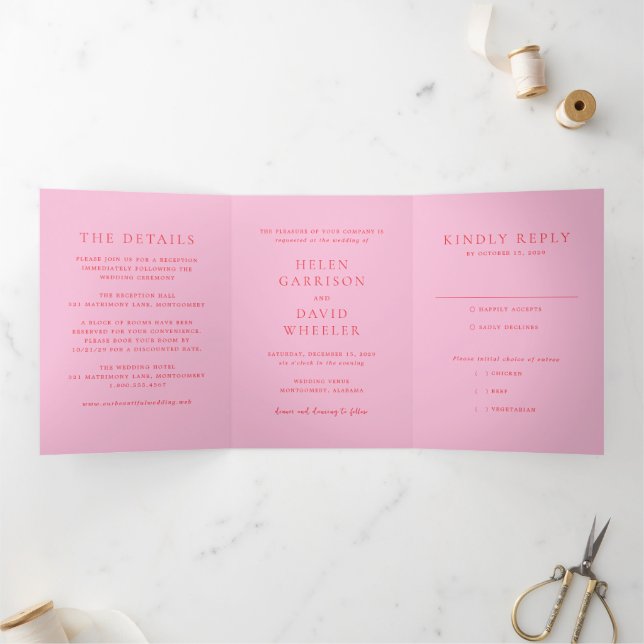 Invitation Trois Volets Pink and Red Elegant Classic Wedding (Intérieur)