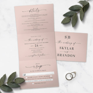 Invitation Trois Volets Pink bleu minimaliste tout en une photo Mariage