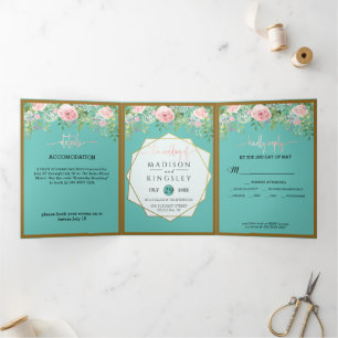 Invitation Trois Volets Pink Floral Turquoise Mariage Fab ÉLÉGANT