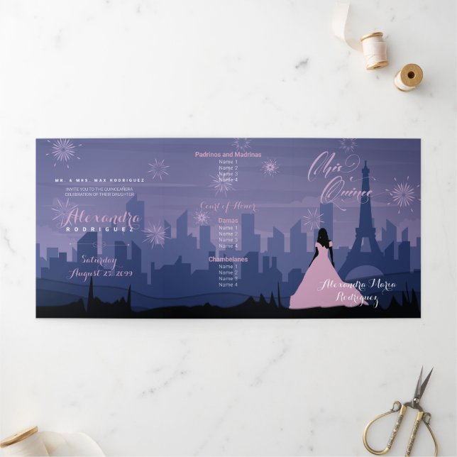 Invitation Trois Volets Pink & Slate Blue Paris Fireworks Quinceañera (Extérieur)