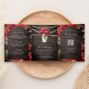 Invitation Trois Volets Pivoine Rouge Fleur Jar QR Code Bois Mariage