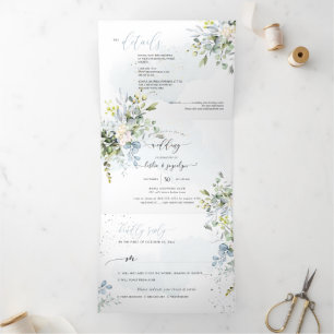 Invitation Trois Volets PixDezines Elégant Dusty Blue Eucalyptus