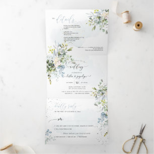 Invitation Trois Volets PixDezines Élégant Eucalyptus Bleu Poussiéreux