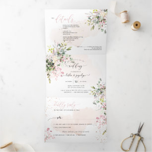 Invitation Trois Volets PixDezines Élégant Eucalyptus Rose Tendre