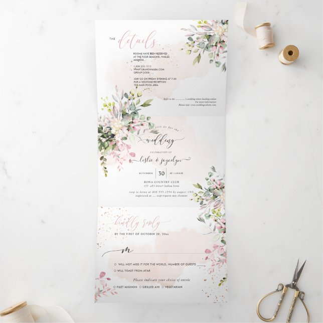 Invitation Trois Volets PixDezines Élégant Eucalyptus rose tendre (Intérieur)