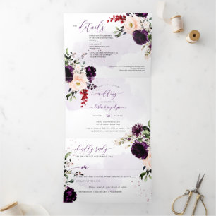 Invitation Trois Volets PixDezines Rustique H2 aubergine Bourgogne Fleurs