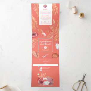 Invitation Trois Volets Plage Coral & Seashells Tout en un Mariage