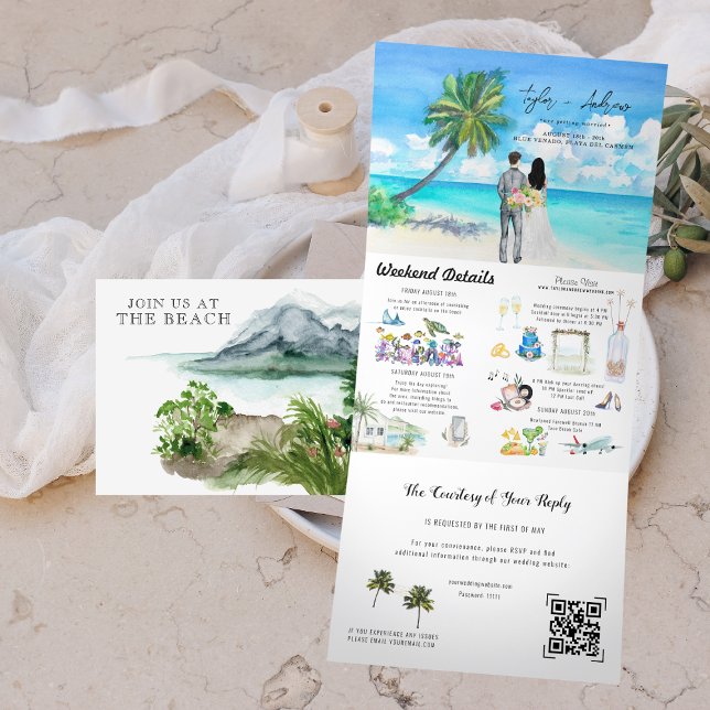 Invitation Trois Volets Plage de l'océan tropical | Mariage illustré (Créateur téléchargé)