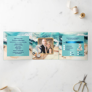 Invitation Trois Volets Plage de sable de mer vagues de l'océan aquarelle