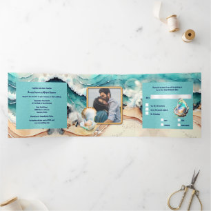 Invitation Trois Volets Plage sable mer vagues coquillages nautique chic