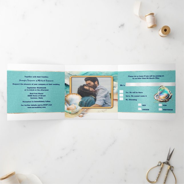 Invitation Trois Volets Plage sable mer vagues coquillages nautique chic (Intérieur)