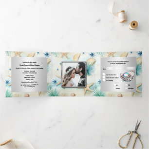 Invitation Trois Volets Plage sable mer vagues coquillages nautique chic
