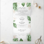 Invitation Trois Volets Plage tropicale Foliage & Gold Mariage élégant<br><div class="desc">Affichez tous les détails de votre mariage avec cet élégant faire-part de mariage tri-pli 3 en 1 avec un arrière - plan blanc classique, calligraphie noire et police cursive et aquarelle tropicale palmiers feuilles et feuillage avec des accents faux feuille d'or. Il comprend une photo du couple heureux, et faire-part...</div>