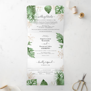 Invitation Trois Volets Plage tropicale Foliage & Gold Mariage élégant