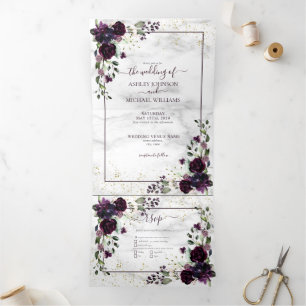 Invitation Trois Volets Plum Purple Gold Watercolor Marble cas Wedding