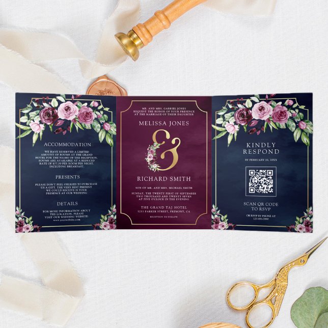 Invitation Trois Volets Plum rose Floral Ampersand Navy QR Code Mariage (Créateur téléchargé)