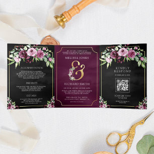 Invitation Trois Volets Plum rose Plum Floral Ampersand noir QR Code Maria