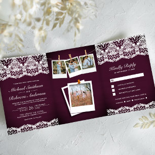 Invitation Trois Volets Plum Wood Country dentelle photo Collage Mariage