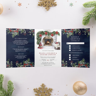 Invitation Trois Volets Poinsettia Rouge Cheminée Noël Mariage Marine