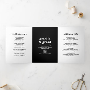 Invitation Trois Volets Police rétro noir QR Code photo Mariage moderne