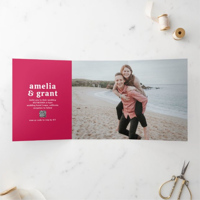 Invitation Trois Volets Police rétro rose chaud QR Code Photo Mariage mode (Intérieur)