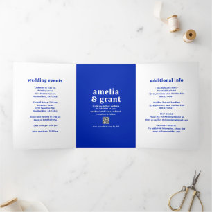 Invitation Trois Volets Police Rétro Royal Blue QR Code Photo Mariage mode