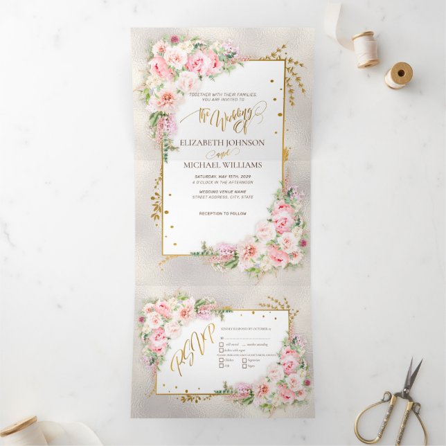Invitation Trois Volets Pony rose Floral Gold Script & Frame (Intérieur)